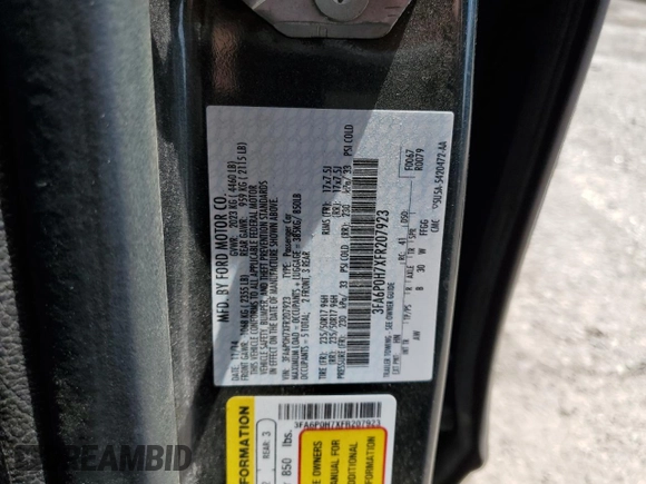 2015 Ford Fusion SE z VIN 3FA6P0H7XFR207923, wystawiony jako Copart lot #57637395 z przebiegiem Nie podano mil oraz Szkoda całkowita • Salvage title. Historia ofert i sprzedaży dostępna na DreamBid. Obrazek 13.