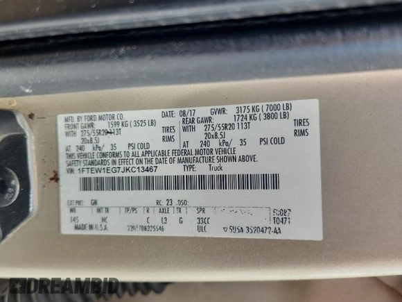 2018 Ford F-150 XL with VIN 1FTEW1EG7JKC13467, listed as a Copart auction lot 63452445 with 239,484 mi miles and Clean title. Bid and sale history available at DreamBid. Image 12.