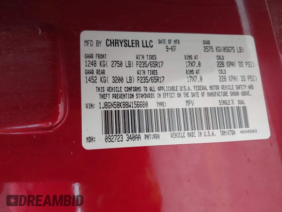 2008 Jeep Liberty Limited with VIN 1J8GN58K88W156680, listed as a IAAI auction lot 42496261 with 130,820 mi miles and . Bid and sale history available at DreamBid. Image 9.