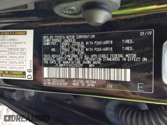 2019 Lexus GX 460 z VIN JTJBM7FX1K5225329, wystawiony jako IAAI lot #42262998 z przebiegiem 76 513 mil mil oraz . Historia ofert i sprzedaży dostępna na DreamBid. Obrazek 9.