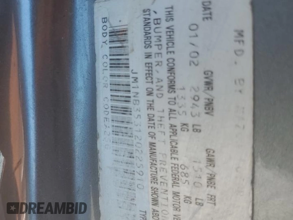 2002 Mazda MX-5 Miata Cloth with VIN JM1NB353120225910, listed as a Copart auction lot 49684455 with Not provided miles and Salvage title. Bid and sale history available at DreamBid. Image 12.