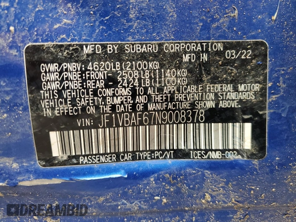 2022 Subaru WRX Premium with VIN JF1VBAF67N9008378, listed as a Copart auction lot 53105105 with 18,956 mi miles and Salvage Title. Bid and sale history available at carsss.com. Image 12.