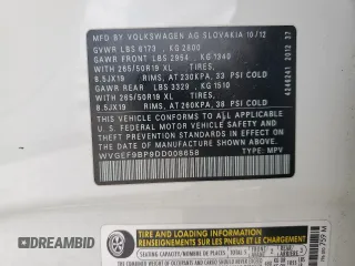 2013 Volkswagen Touareg Lux with VIN WVGEF9BP9DD008658, listed as a Copart auction lot 52585925 with 93,369 mi miles and Salvage Title. Bid and sale history available at DreamBid. Image 13.