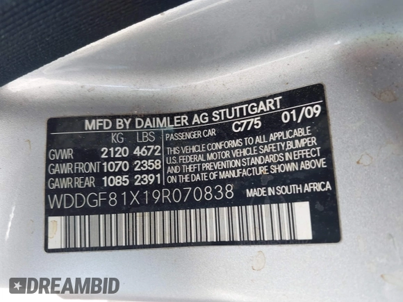 2009 Mercedes-Benz C 300 Sport with VIN WDDGF81X19R070838, listed as a IAAI auction lot 42239289 with 124,855 mi miles and . Bid and sale history available at DreamBid. Image 9.