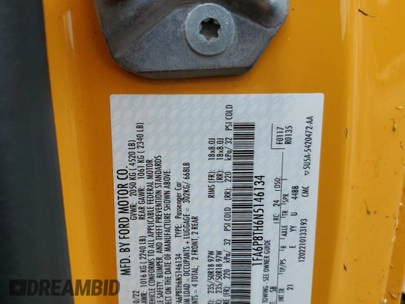 2022 Ford Mustang EcoBoost with VIN 1FA6P8TH6N5146134, listed as a Copart auction lot 55947675 with 60,364 mi miles and Salvage title. Bid and sale history available at DreamBid. Image 12.