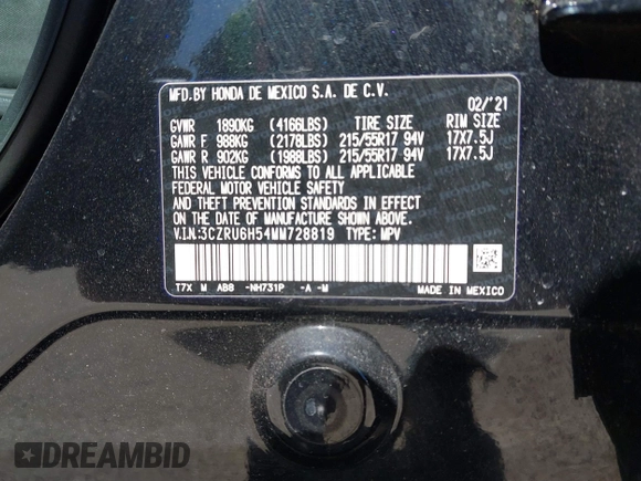 2021 Honda HR-V EX with VIN 3CZRU6H54MM728819, listed as a IAAI auction lot 41685131 with 18,091 mi miles. Bid and sale history available at carsss.com. Image 9.