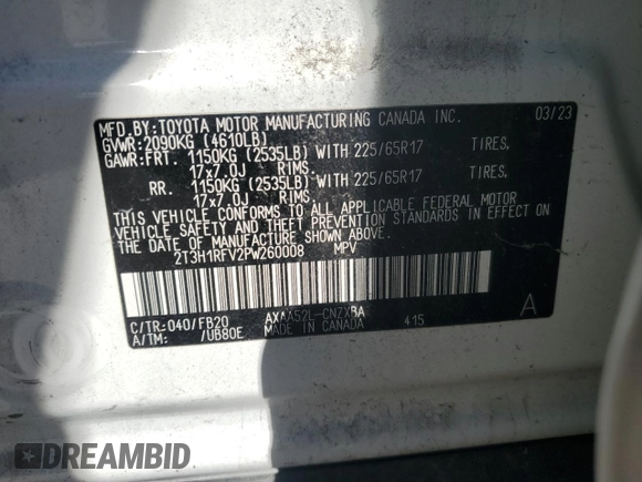2023 Toyota RAV4 LE z VIN 2T3H1RFV2PW260008, wystawiony jako Copart lot #54177865 z przebiegiem 20 360 mil mil oraz Szkoda całkowita • Salvage title. Historia ofert i sprzedaży dostępna na DreamBid. Obrazek 14.