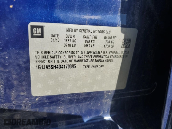 2013 Chevrolet Sonic LS z VIN 1G1JA5SH4D4170385, wystawiony jako Copart lot #53424445 z przebiegiem 73 063 mil mil oraz Czysty tytuł • Clean title. Historia ofert i sprzedaży dostępna na DreamBid. Obrazek 12.