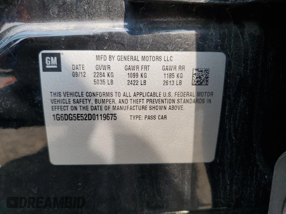 2013 Cadillac CTS Luxury with VIN 1G6DG5E52D0119675, listed as a Copart auction lot 59419955 with Not provided miles and Salvage title. Bid and sale history available at DreamBid. Image 13.