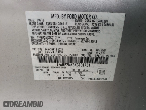 2019 Ford Police Interceptor with VIN 1FAHP2MK3KG101751, listed as a Copart auction lot 84899784 with 60,966 mi miles and Salvage title. Bid and sale history available at DreamBid. Image 12.