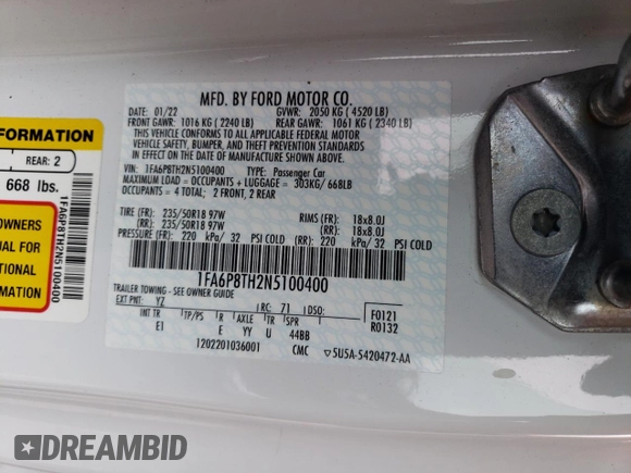 2022 Ford Mustang EcoBoost with VIN 1FA6P8TH2N5100400, listed as a Copart auction lot 56720973 with 25,804 mi miles and . Bid and sale history available at DreamBid. Image 12.