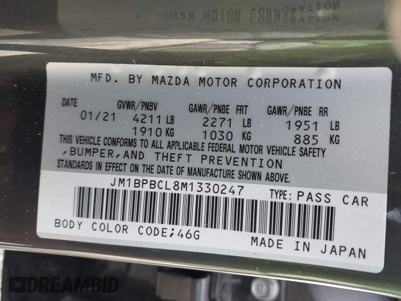 2021 Mazda 3 Preferred with VIN JM1BPBCL8M1330247, listed as a IAAI auction lot 42491066 with Not provided miles and . Bid and sale history available at DreamBid. Image 9.
