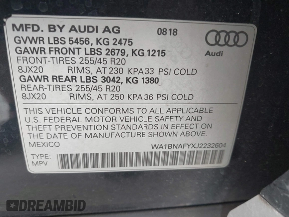 2018 Audi Q5 Premium Plus z VIN WA1BNAFYXJ2232604, wystawiony jako IAAI lot #42340246 z przebiegiem 97 708 mil mil oraz . Historia ofert i sprzedaży dostępna na DreamBid. Obrazek 9.