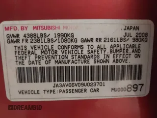 2009 Mitsubishi Lancer with VIN JA3AV66V09U023701, listed as a IAAI auction lot 41246365 with 204,115 mi miles and . Bid and sale history available at DreamBid. Image 9.