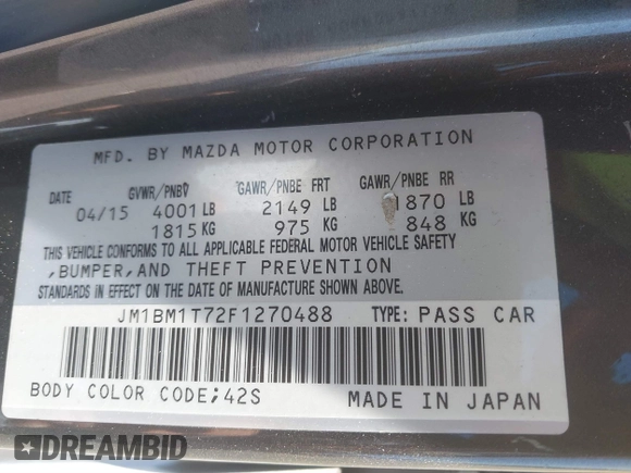 2015 Mazda 3 i SV with VIN JM1BM1T72F1270488, listed as a IAAI auction lot 41827337 with 228,983 mi miles and . Bid and sale history available at DreamBid. Image 9.