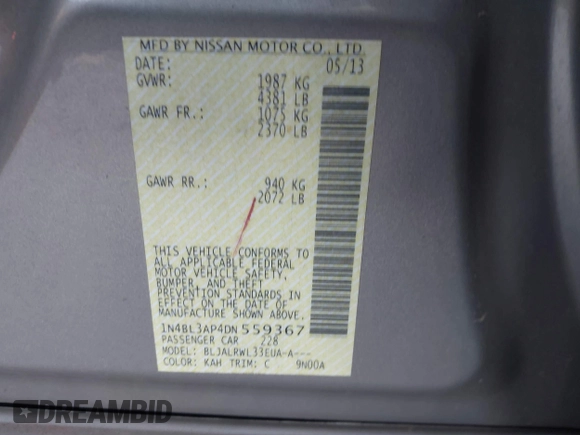 2013 Nissan Altima SV with VIN 1N4BL3AP4DN559367, listed as a IAAI auction lot 41436582 with 241,732 mi miles and . Bid and sale history available at DreamBid. Image 9.