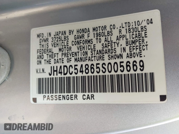 2005 Acura RSX z VIN JH4DC54865S005669, wystawiony jako IAAI lot #42062115 z przebiegiem 155 106 mil mil oraz . Historia ofert i sprzedaży dostępna na DreamBid. Obrazek 9.