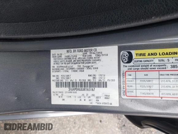 2010 Ford Fusion SE with VIN 3FAHP0HAXAR165167, listed as a IAAI auction lot 42148887 with 332,598 mi miles and . Bid and sale history available at carsss.com. Image 9.