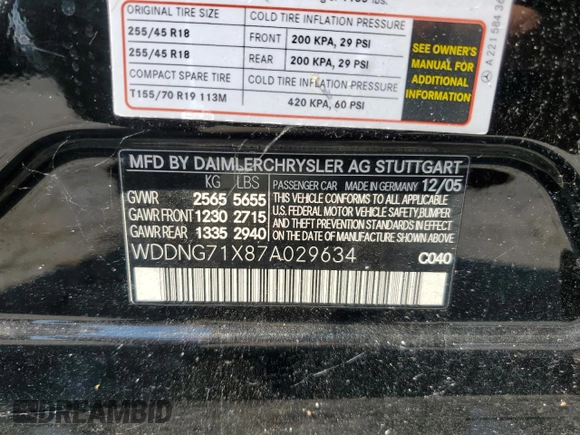 2007 Mercedes-Benz S 550 with VIN WDDNG71X87A029634, listed as a Copart auction lot 66545494 with Not provided miles and Clean title. Bid and sale history available at DreamBid. Image 12.