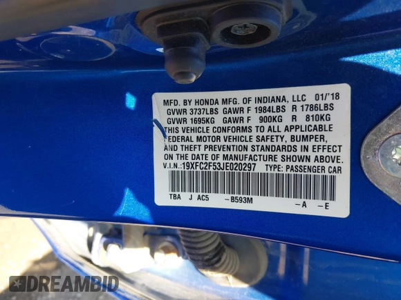 2018 Honda Civic LX with VIN 19XFC2F53JE020297, listed as a IAAI auction lot 42114807 with 124,058 mi miles and . Bid and sale history available at carsss.com. Image 9.