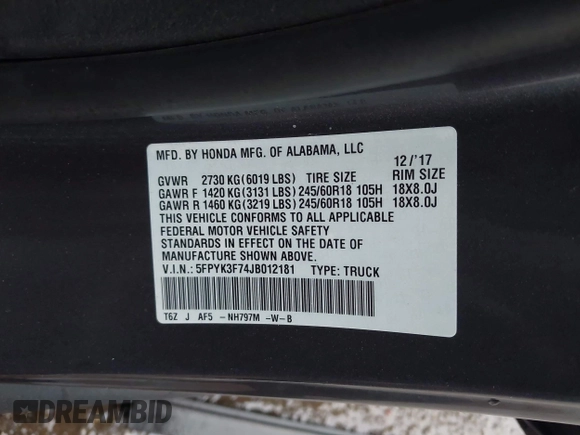 2018 Honda Ridgeline RTL-E with VIN 5FPYK3F74JB012181, listed as a IAAI auction lot 42143197 with 117,520 mi miles and . Bid and sale history available at DreamBid. Image 9.