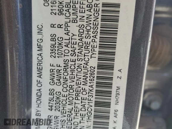 2019 Honda Accord Sport with VIN 1HGCV1F37KA162602, listed as a Copart auction lot 47891495 with 100,043 mi miles and Salvage Title. Bid and sale history available at DreamBid. Image 14.