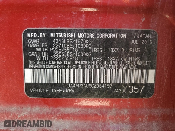 2016 Mitsubishi Outlander Sport 2.0 ES with VIN JA4AP3AU6GZ064157, listed as a Copart auction lot 48134695 with 64,350 mi miles and Salvage Title. Bid and sale history available at carsss.com. Image 12.