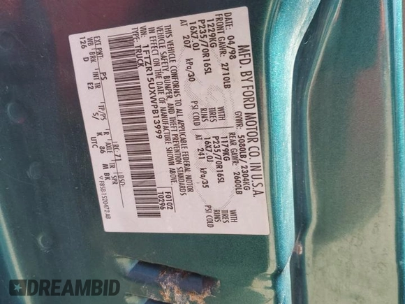 1998 Ford Ranger XL with VIN 1FTZR15UXWPB13999, listed as a Copart auction lot 46930095 with 219,601 mi miles and Salvage Title. Bid and sale history available at DreamBid. Image 12.