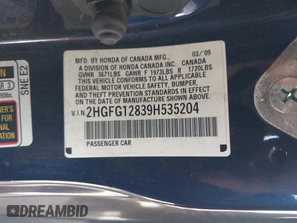 2009 Honda Civic EX with VIN 2HGFG12839H535204, listed as a IAAI auction lot 42159864 with 170,218 mi miles and . Bid and sale history available at DreamBid. Image 9.