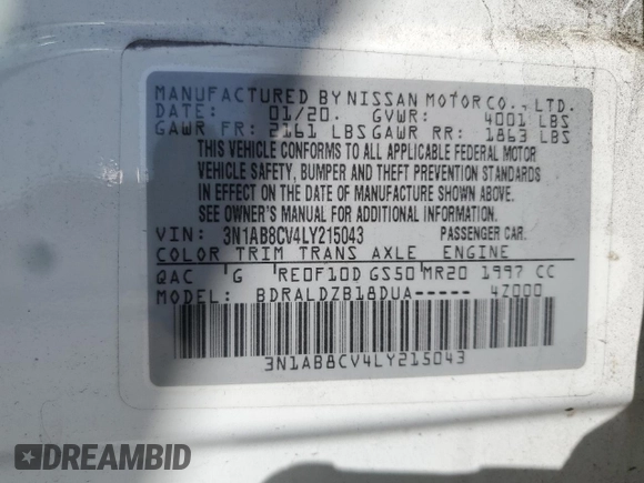 2020 Nissan Sentra SV with VIN 3N1AB8CV4LY215043, listed as a Copart auction lot 52383915 with 85,770 mi miles and Non Repairable. Bid and sale history available at carsss.com. Image 15.