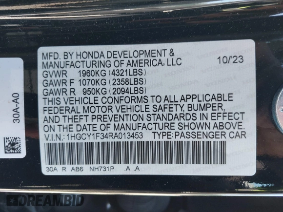 2024 Honda Accord EX with VIN 1HGCY1F34RA013453, listed as a IAAI auction lot 42279634 with 11,301 mi miles and . Bid and sale history available at DreamBid. Image 9.