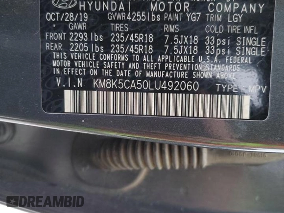 2020 Hyundai Kona Ultimate with VIN KM8K5CA50LU492060, listed as a Copart auction lot 71581672 with 25,568 mi miles. Bid and sale history available at carsss.com. Image 12.