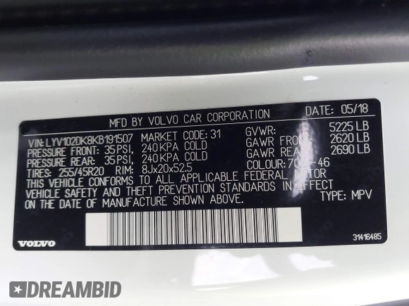 2019 Volvo XC60 Momentum with VIN LYV102DK8KB191507, listed as a IAAI auction lot 41977464 with 38,548 mi miles and . Bid and sale history available at DreamBid. Image 9.