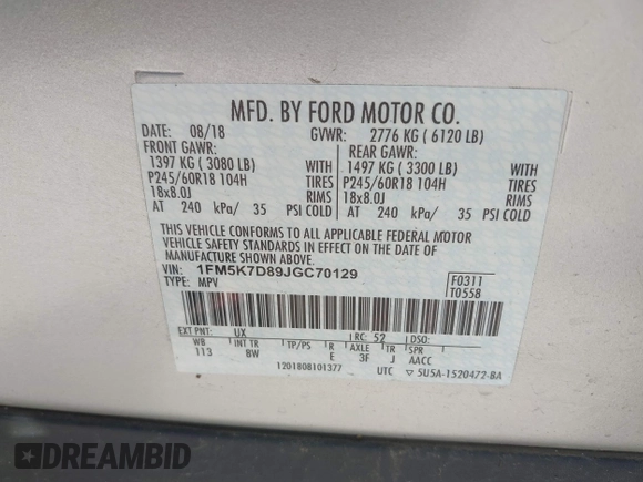 2018 Ford Explorer XLT с VIN 1FM5K7D89JGC70129, выставлен на аукционе IAAI как лот 42499846 с пробегом 86 726 миль миль и . История ставок и продаж доступна на DreamBid. Изображение 9.