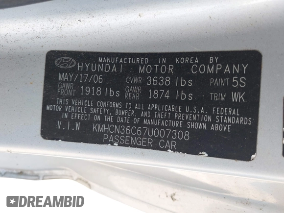 2007 Hyundai Accent SE z VIN KMHCN36C67U007308, wystawiony jako IAAI lot #42312114 z przebiegiem 105 096 mil mil oraz . Historia ofert i sprzedaży dostępna na DreamBid. Obrazek 9.