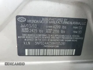 2011 Hyundai Sonata Limited with VIN 5NPEC4AC5BH105281, listed as a Copart auction lot 53921645 with 33,894 mi miles and Salvage Title. Bid and sale history available at DreamBid. Image 12.