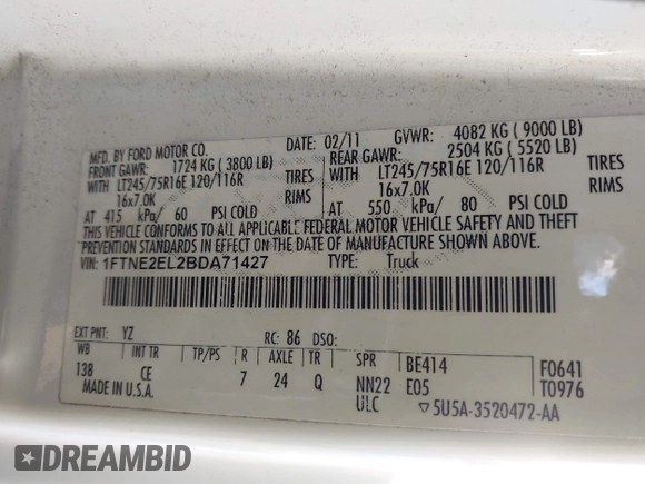 2011 Ford Econoline Cargo Commercial with VIN 1FTNE2EL2BDA71427, listed as a IAAI auction lot 41755582 with 157,531 mi miles. Bid and sale history available at carsss.com. Image 9.