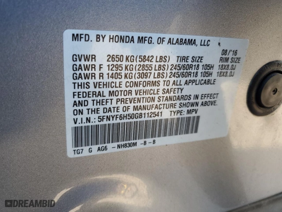 2016 Honda Pilot EX-L with VIN 5FNYF6H50GB112541, listed as a Copart auction lot 46256635 with 91,232 mi miles and Salvage Title. Bid and sale history available at carsss.com. Image 16.