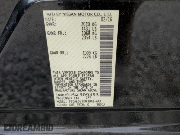 2016 Nissan LEAF S with VIN 1N4BZ0CP5GC309453, listed as a Copart auction lot 71820433 with 50,399 mi miles and . Bid and sale history available at DreamBid. Image 12.