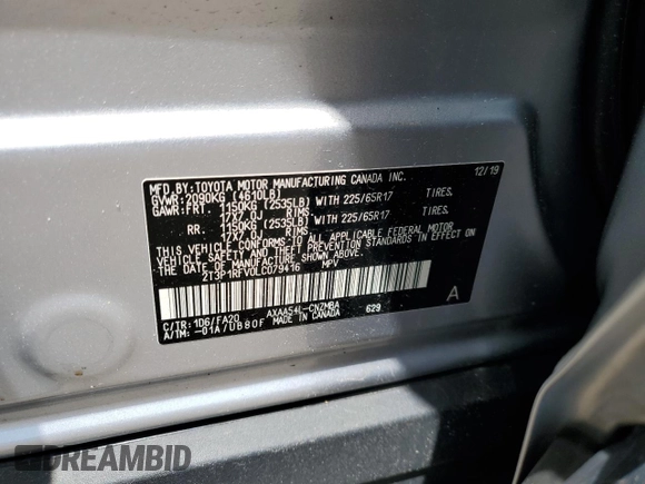 2020 Toyota RAV4 XLE z VIN 2T3P1RFV0LC079416, wystawiony jako Copart lot #61584115 z przebiegiem 64 508 mil mil oraz Szkoda całkowita • Salvage title. Historia ofert i sprzedaży dostępna na DreamBid. Obrazek 13.