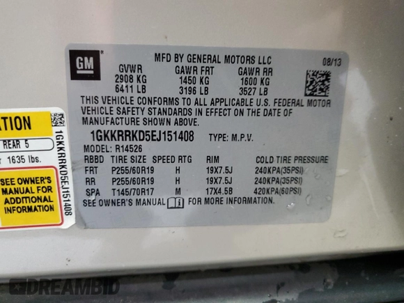 2014 GMC Acadia SLT with VIN 1GKKRRKD5EJ151408, listed as a Copart auction lot 46047825 with 189,827 mi miles and Clean Title. Bid and sale history available at carsss.com. Image 13.