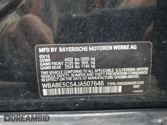 2018 BMW 3 Series 328d with VIN WBA8E5C54JA507646, listed as a Copart auction lot 75518574 with 50,951 mi miles and Salvage title. Bid and sale history available at DreamBid. Image 12.