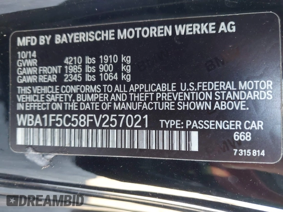 2015 BMW 2 Series 228i with VIN WBA1F5C58FV257021, listed as a IAAI auction lot 41318026 with 154,906 mi miles. Bid and sale history available at carsss.com. Image 9.
