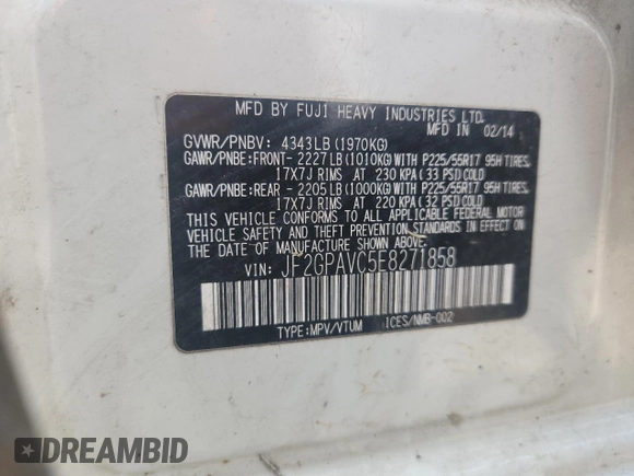 2014 Subaru Crosstrek Premium with VIN JF2GPAVC5E8271858, listed as a Copart auction lot 60158545 with 190,978 mi miles and Salvage title. Bid and sale history available at DreamBid. Image 12.