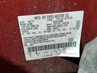 2015 Ford Explorer с VIN 1FM5K7B81FGA51191, выставлен на аукционе Copart как лот 45724795 с пробегом Не указан миль и На запчасти • Non repairable. История ставок и продаж доступна на DreamBid. Изображение 13.