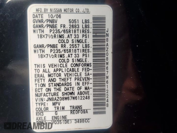 2007 Nissan Murano SL z VIN JN8AZ08W67W612248, wystawiony jako Copart lot #45649595 z przebiegiem Nie podano mil oraz Szkoda całkowita • Salvage title. Historia ofert i sprzedaży dostępna na DreamBid. Obrazek 16.