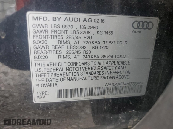2017 Audi Q7 Premium Plus z VIN WA1LAAF74HD008461, wystawiony jako Copart lot #58095615 z przebiegiem 171 994 mil mil oraz Czysty tytuł • Clean title. Historia ofert i sprzedaży dostępna na DreamBid. Obrazek 13.