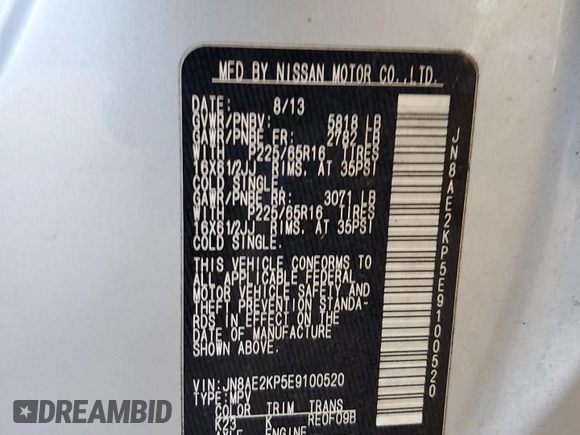 2014 Nissan Quest S with VIN JN8AE2KP5E9100520, listed as a Copart auction lot 57715345 with 281,292 mi miles and Salvage title. Bid and sale history available at DreamBid. Image 12.
