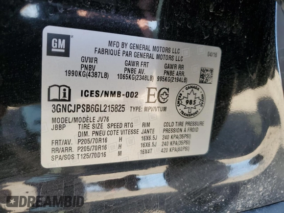 2016 Chevrolet Trax LT with VIN 3GNCJPSB6GL215825, listed as a Copart auction lot 55723165 with 166,120 mi miles and Clean Title. Bid and sale history available at DreamBid. Image 13.