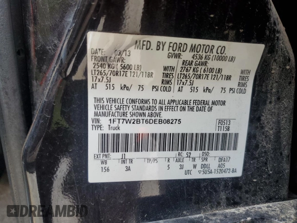 2013 Ford F-250 XL with VIN 1FT7W2BT6DEB08275, listed as a Copart auction lot 61910995 with 270,332 mi miles and Salvage title. Bid and sale history available at DreamBid. Image 13.